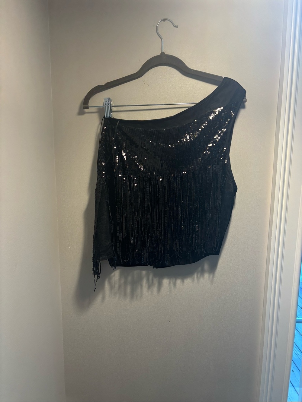 Eva Franco Black One-Shoulder Sequin Fringe Camisole